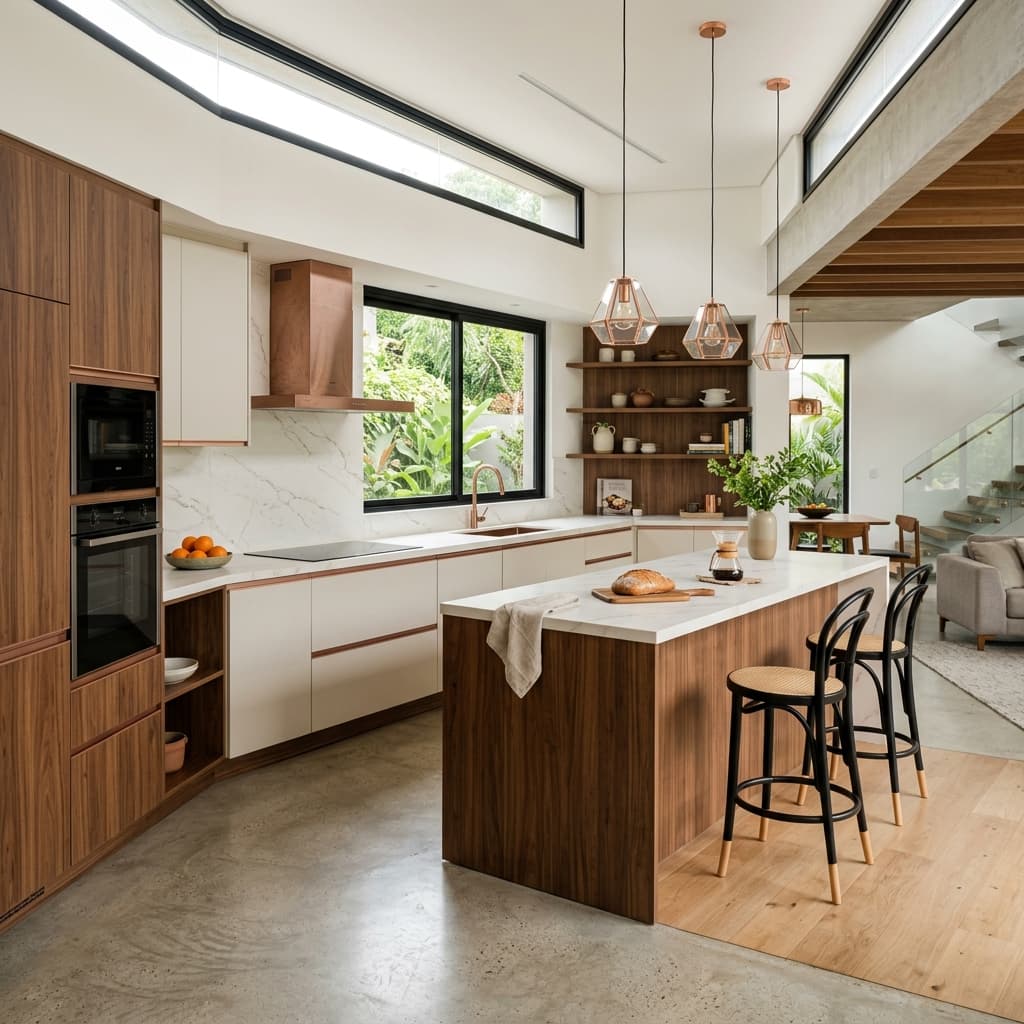 Cozinha contemporânea em verde e madeira